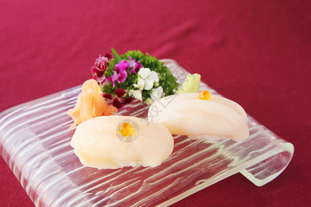 扇贝寿司扇贝盘子食物美食鱼子白色饮食餐厅海鲜午餐新鲜的高清图片素材