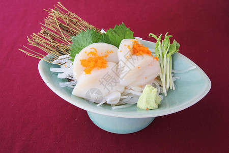 扇贝寿司海鲜寿司盘子鱼子白色美食食物午餐扇贝餐厅生的高清图片素材