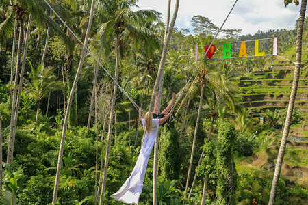 摆动一个年轻的女孩在高高的峡谷上荡秋千 巴厘岛热带丛林雨林的悬崖上荡秋千的年轻女游客 秋千悬挂在两棵椰子树之间 我爱巴厘岛天空吸引力背景