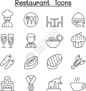 咖啡店菜单设置在细线样式中的餐厅图标设计图片