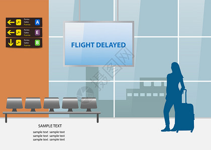 航班延误航空旅行概念 vecto运输飞机场空气女孩女性过境商业信息板白色窗户背景图片
