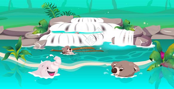 瀑布矢量丛林平面彩色矢量插图 清澈的瀑布 池塘里有可爱的游泳小动物 兴盛于湖 自然之美 水流 热带 2D 卡通景观与背景上的绿色植物插画