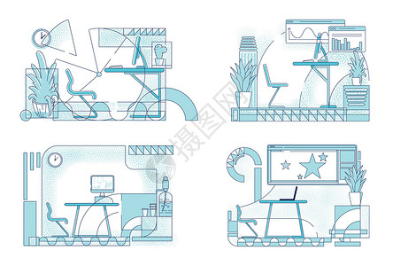 成套家具现代办公室室内设计概述矢量插图集 白色背景上的商务中心房间轮廓组合 企业员工工作场所简约风格图纸合集插画