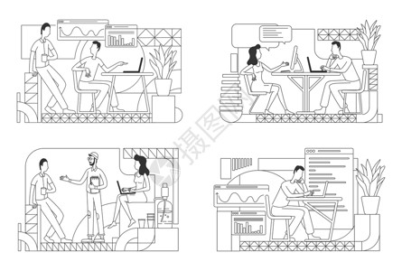 办公室人物形象员工合作细线矢量插图集 办公室工作人员的协作和沟通在白色背景上勾勒出人物形象 从事项目简单风格绘图收藏的人设计图片