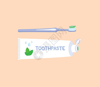口服补液盐粉红色背景中分离的草药牙膏和牙刷牙科牙医薄荷管子产品牙龈卫生衰变浴室刷子插画