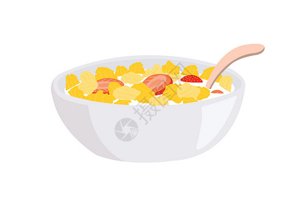 玉米片和草莓放在碗里 牛奶和勺子在白色背景中突显早餐产品酸奶插图粮食水果谷物薄片饮食奶制品设计图片