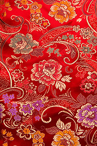 中国红织传统花卉模式 红色纤维装饰工艺墙纸拼贴画叶子风格装饰品菊花绘画丝绸背景图片