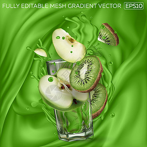 鲜榨苦瓜汁海报奇异果和苹果片透明玻璃绿汁飞溅设计图片