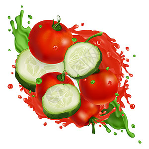 成熟西红柿樱桃西红柿和黄瓜切成蔬菜果汁插图飞溅食谱水滴饮食食物厨房营养维生素菜单设计图片