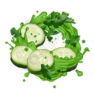 沙拉菜绿色果汁 配有黄瓜切片和菜菜叶液体芹菜维生素菜单蔬菜飞溅食物插图烹饪厨房设计图片