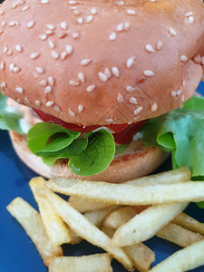 汉堡是快餐店的快餐饮食种子芝麻桌子薯条生活食物垃圾营养盒子餐厅高清图片素材