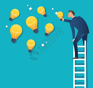 爬梯子的商务男人一个人在梯子上指着黄色灯泡的商业概念矢量图工人插图绘画公司卡通片男人职业人士商务创造力插画