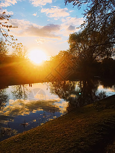春天日落在河上树木公园反射天空日出环境季节蓝色森林池塘早晨高清图片素材