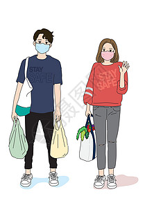 口罩袋遮罩食物疾病面具丈夫市场妻子夫妻流感口罩杂货店插画