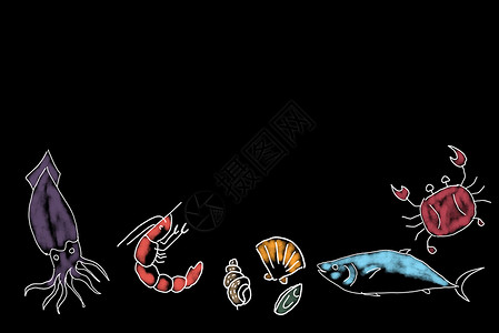 画虾黑猪海鲜菜单素描打印螃蟹生蚝样本插图甲壳绘画美食草图乌贼背景