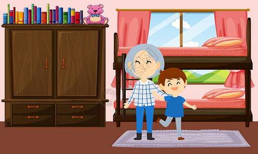 坐着玩耍的孩子男孩儿在家和外婆玩耍孩子插图女士乐趣孙子祖母家庭绘画青年童年插画