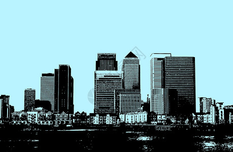 伦敦的加那利码头建筑学中心建筑景观插图地标线条蓝色城市艺术背景图片