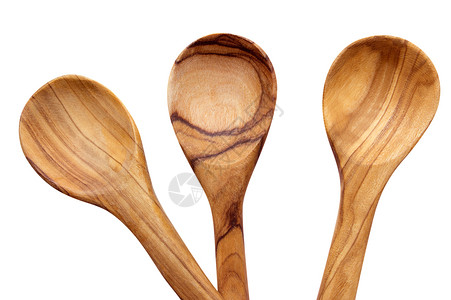 橄榄木木勺用具小路硬木条纹烹饪白色厨房木材风格勺子背景图片