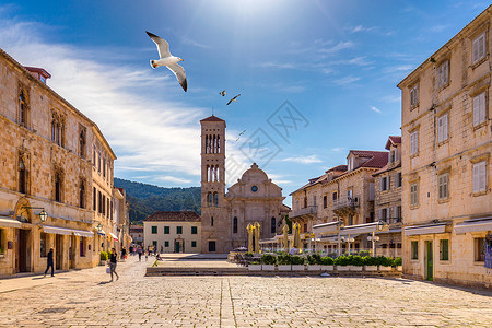 海鸥飞过海鸥后 位于Hvar的古老中世纪镇主广场历史性建筑明信片游客航行旅行全景旅游长廊大教堂背景