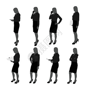 商务女性使用手机动作向量集的站女商务人士剪影 具有不同动作的女商务人士 例如使用手机摆姿势处理文档 fil设计图片