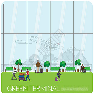 机场商务人士出发机场航站楼的室内设计与旅客旅游商务人士与火车和清晰的窗户玻璃背景后面的山景 环保机场插画