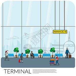 机场商务人士现代机场航站楼等候登机大厅的室内设计 有许多乘客作为游客和商务人士 在大透明窗户玻璃背景后面有飞机和城市景观  EPS1插画