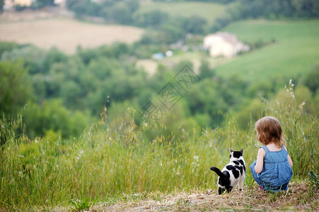 小女孩与猫可爱的小女孩和一只猫头发眼睛院子享受悬崖裙子女儿童年快乐孩子背景