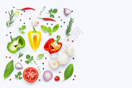 食物语白色背景的各种新鲜蔬菜和草本植物 健康香料烹饪迷迭香火腿食物午餐胡椒草药饮食厨房背景