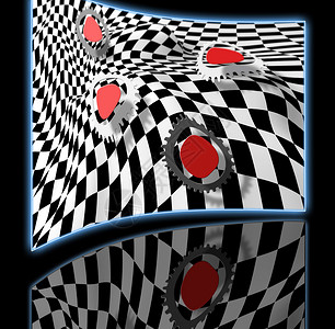 方格花纹红色齿轮计算机白色绘图波浪状反射艺术背景图片