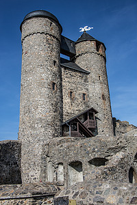 德国最好的保存城堡格劳王朝天空废墟夹石灰色石工堡垒防御塔拱道背景图片