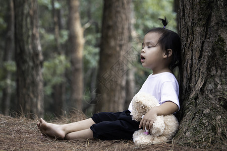 亚洲小女孩正在抱抱熊 独自坐在松树下的地上 笑声学习环境公园家庭情感教育孤独女性女孩木头背景