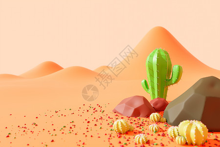 西方国家酷热沙漠上的仙人掌和岩石背景图片