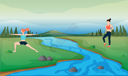 跳上湖女孩们在河边做运动女士瑜伽活力身体肌肉运动装动机闲暇城市公园设计图片