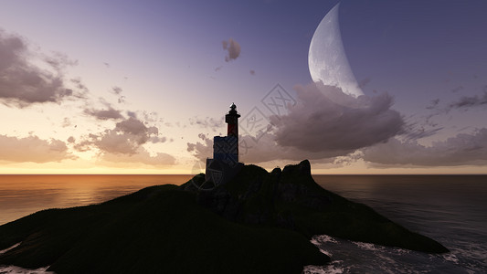 灯塔日出蓝色日落月亮海岸房子浪漫危险岩石高清图片
