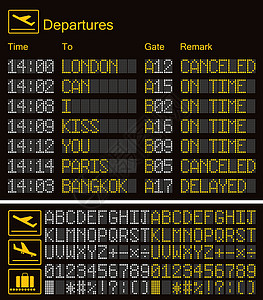 机场航班显示逼真的 LED 数字板机场模板 矢量 3D 黄色 LED 数字字体与字母和数字在深色背景 ep设计图片