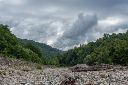 河床阿什河的石床旅行森林荒野树木绿色天空旅游横财树干山脉背景