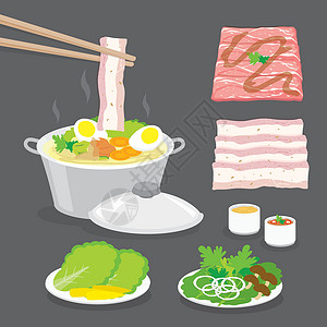 猪肉火锅一套传统的日本食品火锅 Vecto插画