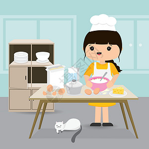 猫吃罐头女人在家里的厨房里做面包店 Vecto设计图片