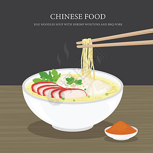 蔬菜北京一套传统的中国食品鸡蛋面汤配虾馄饨和烧烤猪肉 它制作图案卡通矢量插画