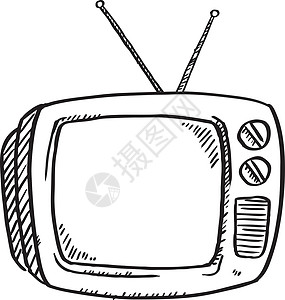 商业黑白复古电视机的黑白涂鸦插画