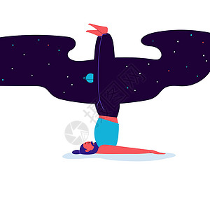 瑜伽体式以星空为背景进行瑜伽的人的平面和直线插图闲暇活动空气男生冥想星星运动装瑜珈姿势平衡设计图片