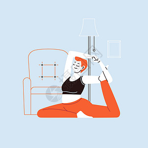 做椅子女人做瑜伽的人在背景上用内室内做实身的简单和直线性格插图瑜珈姿势窗户椅子卧室运动体式平衡女性闲暇设计图片