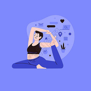 做瑜伽的人的平整和直线插图 背面有生活方式图标瑜珈运动蓝色冥想紫色女性活动流动笔记本着陆页背景图片