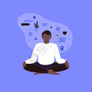 做瑜伽的人的平整和直线插图 背面有生活方式图标活动男性男人运动装电脑男生笔记本紫色蓝色姿势背景图片