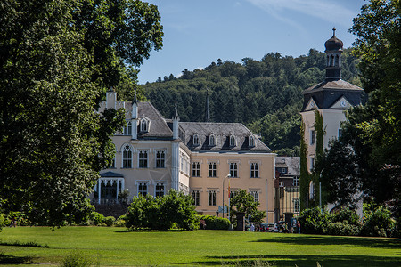 西瓦尔德的萨伊恩城堡历史树木皇座草地木头风格花园绿色建筑伯爵背景图片