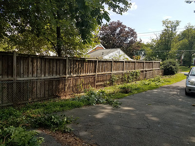 后院残块和黑沥青栅栏木头黑色碎片沥青工作打扫树叶劳动修剪背景图片