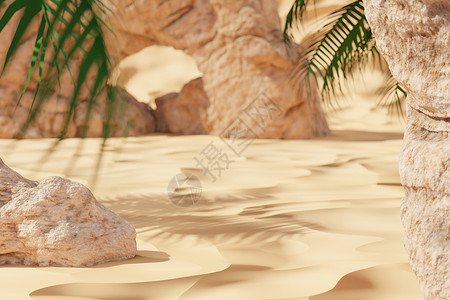 岩石峭壁和石头在沙子与绿色棕榈树  3d 渲染图背景图片