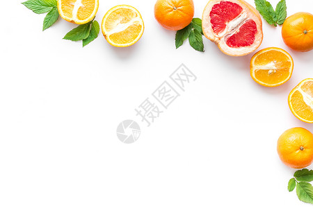 白色背景顶视图上的柑橘水果框架绿色柠檬黄色文本红色收藏热带团体叶子橙子背景图片