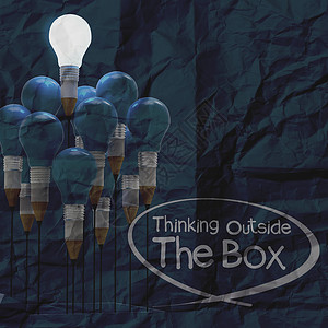 构思绘画铅笔和灯泡概念 在盒子外思考贮存解决方案包装展示活力领导者创造力天才正方形创新背景图片