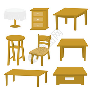 一套桌子和椅子木家具风格隔离对象 Vecto插画